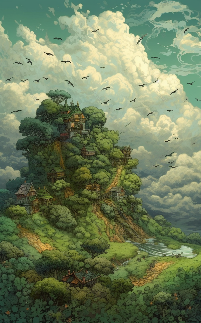 绿色树屋群鸟在空中飞翔手绘场景,插画/手绘图,插画/手绘图库,插画/手绘图下载,插画/手绘